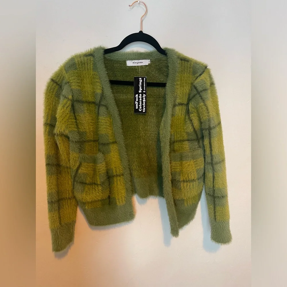 Moss green Fauxhair button down cardigan - Picture 7 of 8